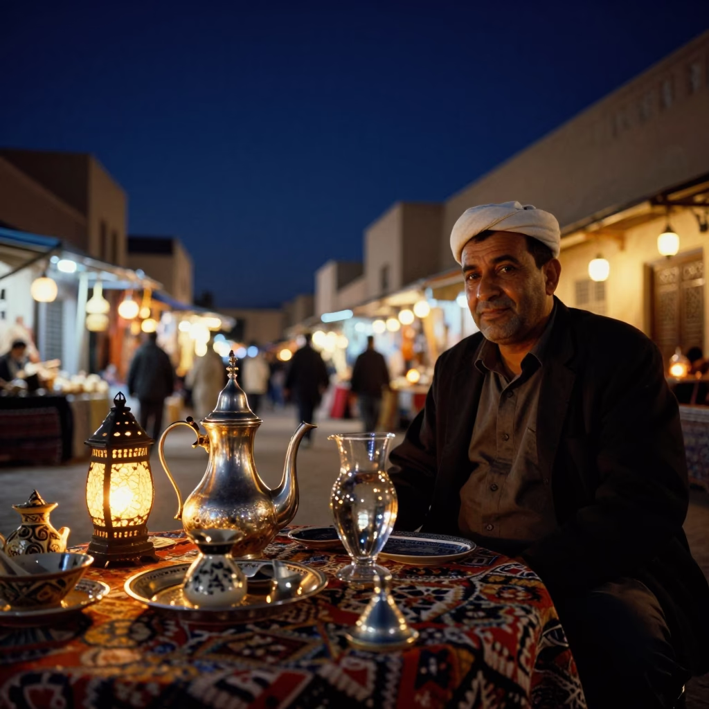 Night Market in Fez Morocco with Ceramic Tea Service and Traditional Attire in in Fez, Morocco