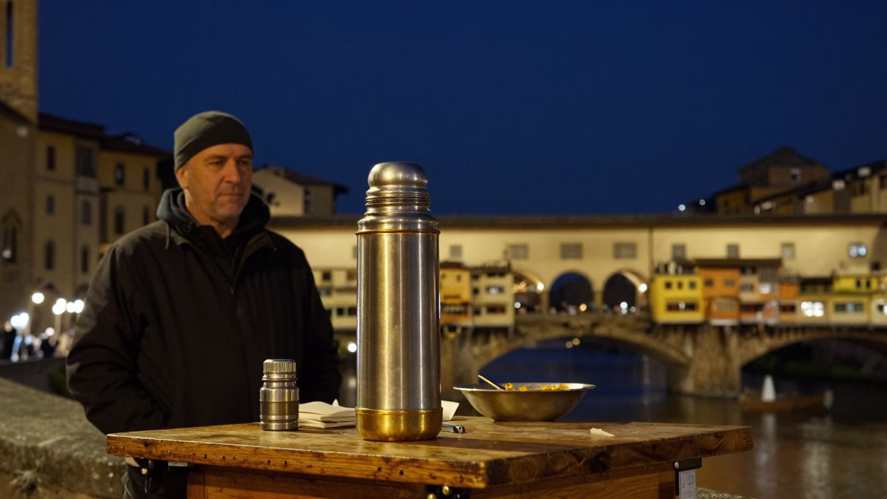 Night Market in Florence Italy with Brass Rim Thermos and Dal Naan in in Florence, Italy