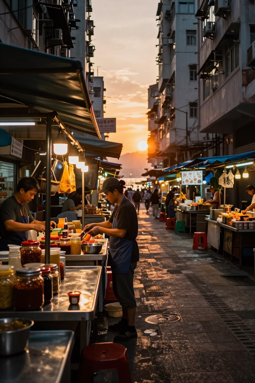 Night Market in Hong Kong at Sunset Light in in Hong Kong, Hong Kong