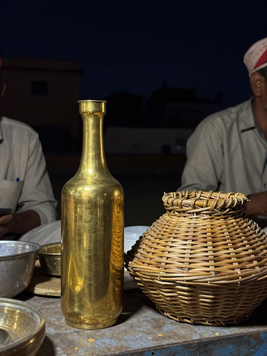 Night Market in Jaipur India Brass Bottle and Basket Under Deep Sky in in Jaipur, India