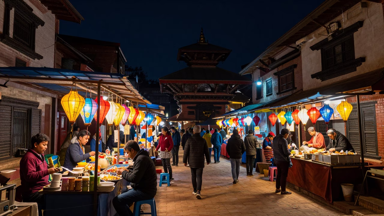 Night Market in Kathmandu Nepal with Colorful Lanterns and Street Food in in Kathmandu, Nepal