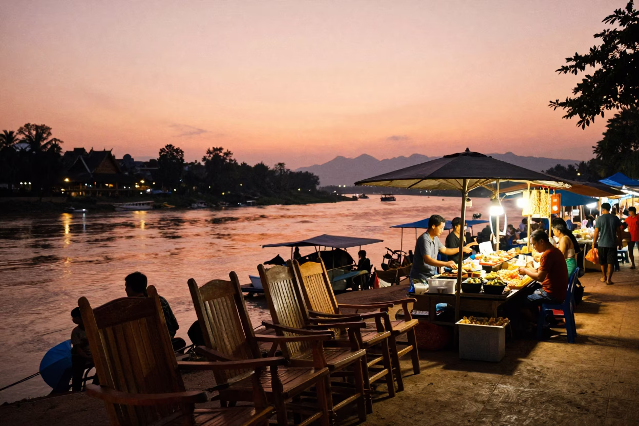 Night Market in Luang Prabang at Copper-toned Light Before Dusk in in Luang Prabang, Laos