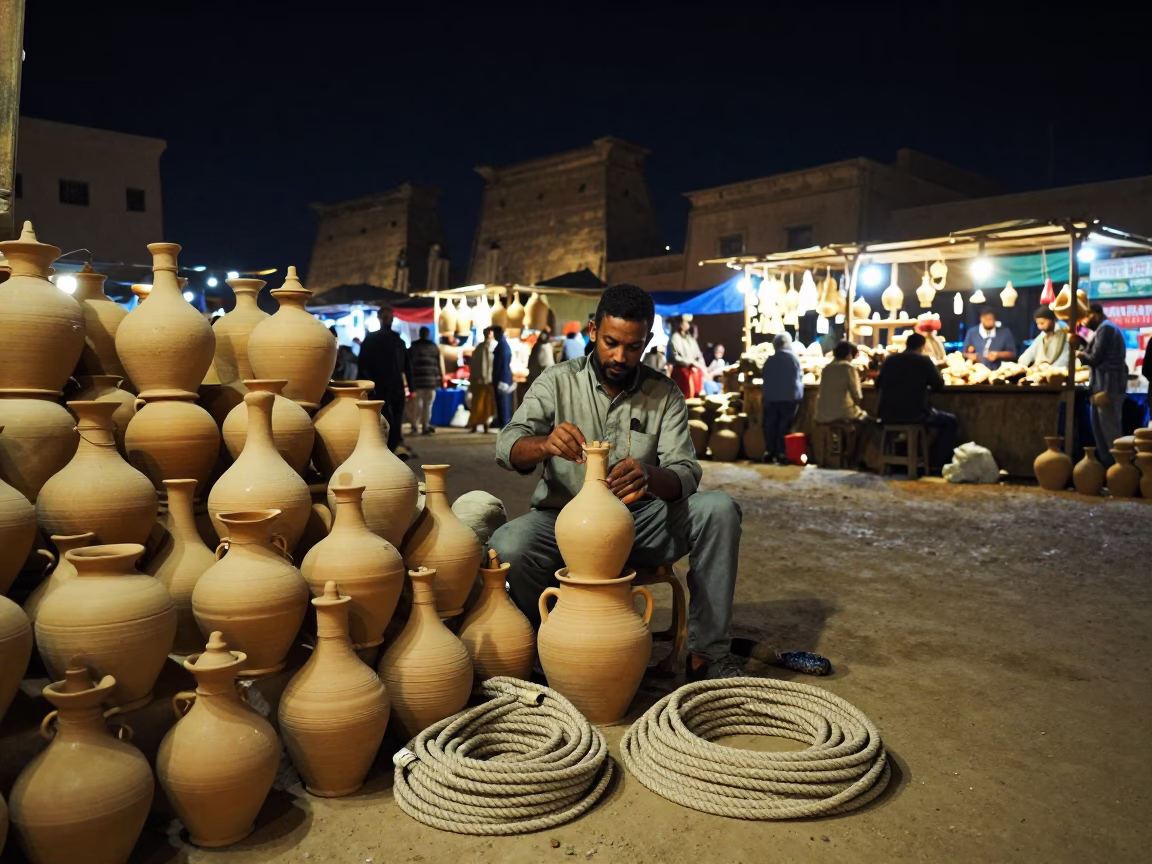 Night Market in Luxor Egypt with Clay Pots and Coiled Rope Under Starry Sky in in Luxor, Egypt
