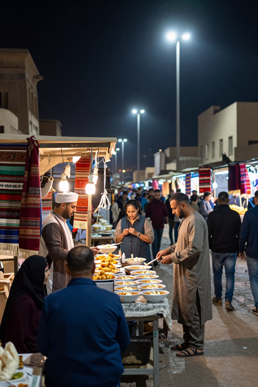Night Market in Luxor Egypt with Food Stalls and Traditional Textiles in in Luxor, Egypt