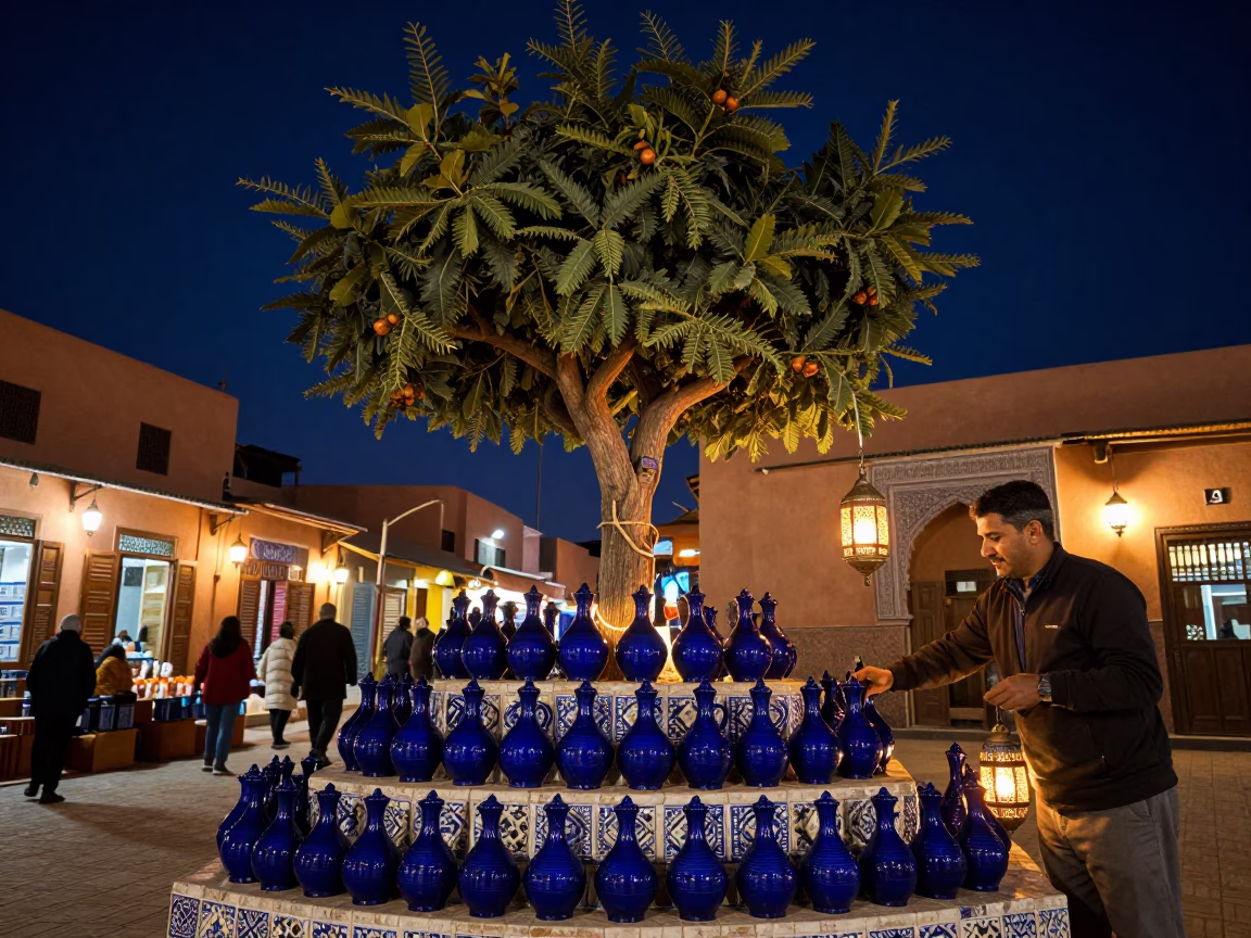 Night Market in Marrakech Morocco Ceramic Tiles Carafe and Chestnut Tree Under Deep Sky in in Marrakech, Morocco