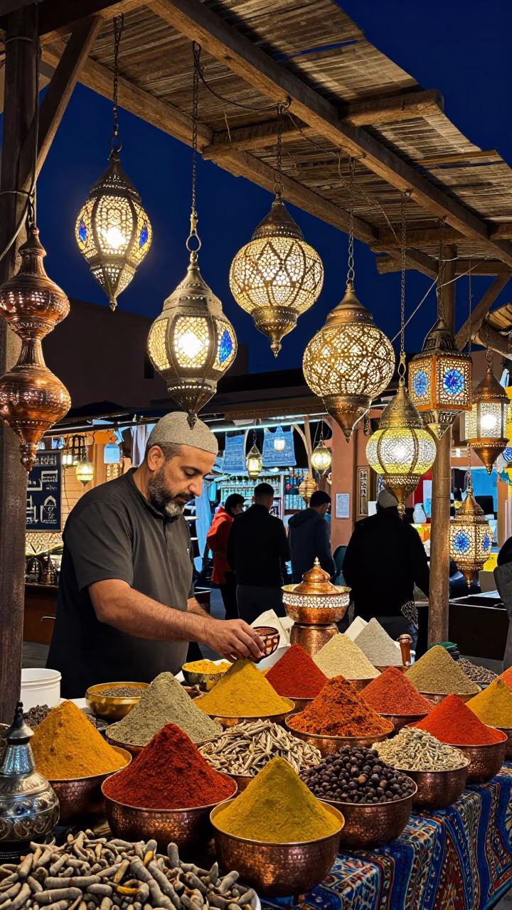 Night Market in Marrakech Morocco Traditional Spices and Copper Lanterns Under Moonlight in in Marrakech, Morocco