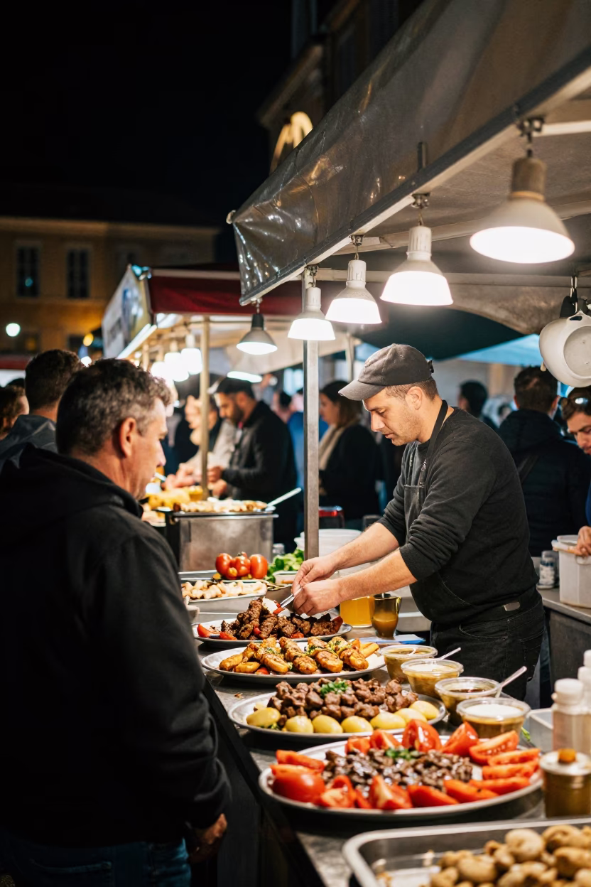 Night Market in Marseille France with Food Stalls and Crowd in in Marseille, France