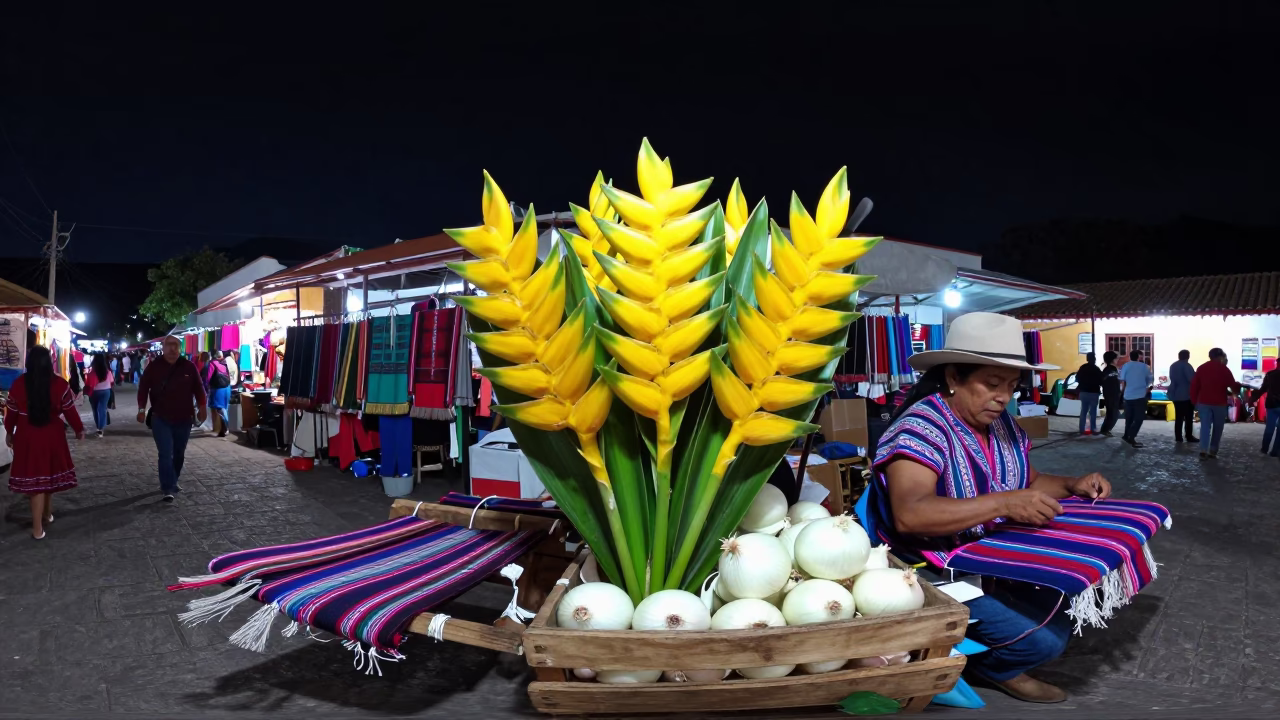 Night Market in Merida Mexico with Heliconia Flowers and Traditional Weaving in in Merida, Mexico