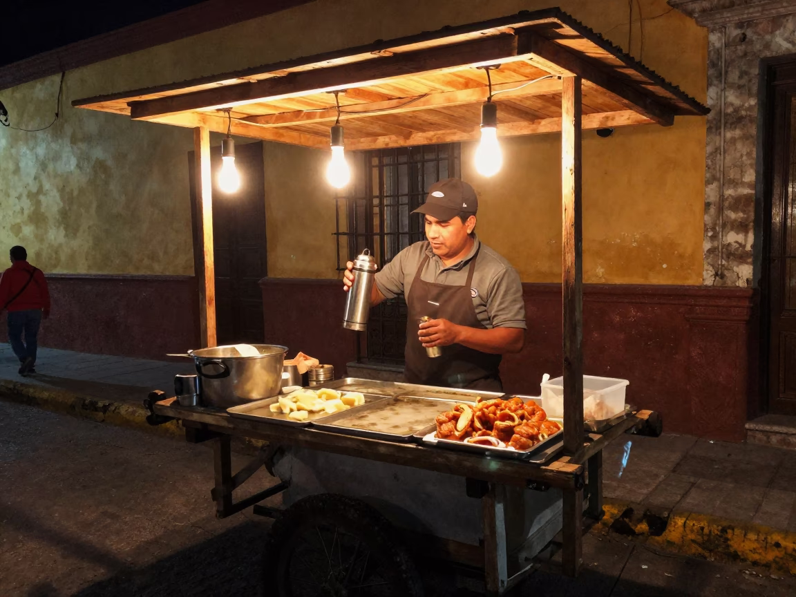 Night Market in Oaxaca Mexico Street Vendor Preparing Food Under Warm Lantern Light in in Oaxaca, Mexico