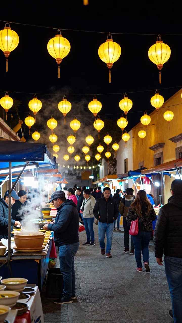 Night Market in Oaxaca Mexico with Hanging Lanterns and Soup Bowls in in Oaxaca, Mexico