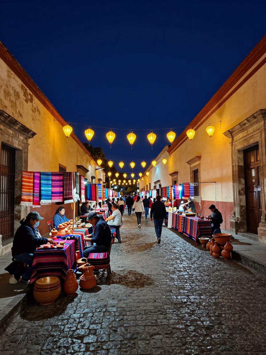 Night Market in Oaxaca Mexico with Street Vendors and Colorful Textiles Under Deep Sky in in Oaxaca, Mexico