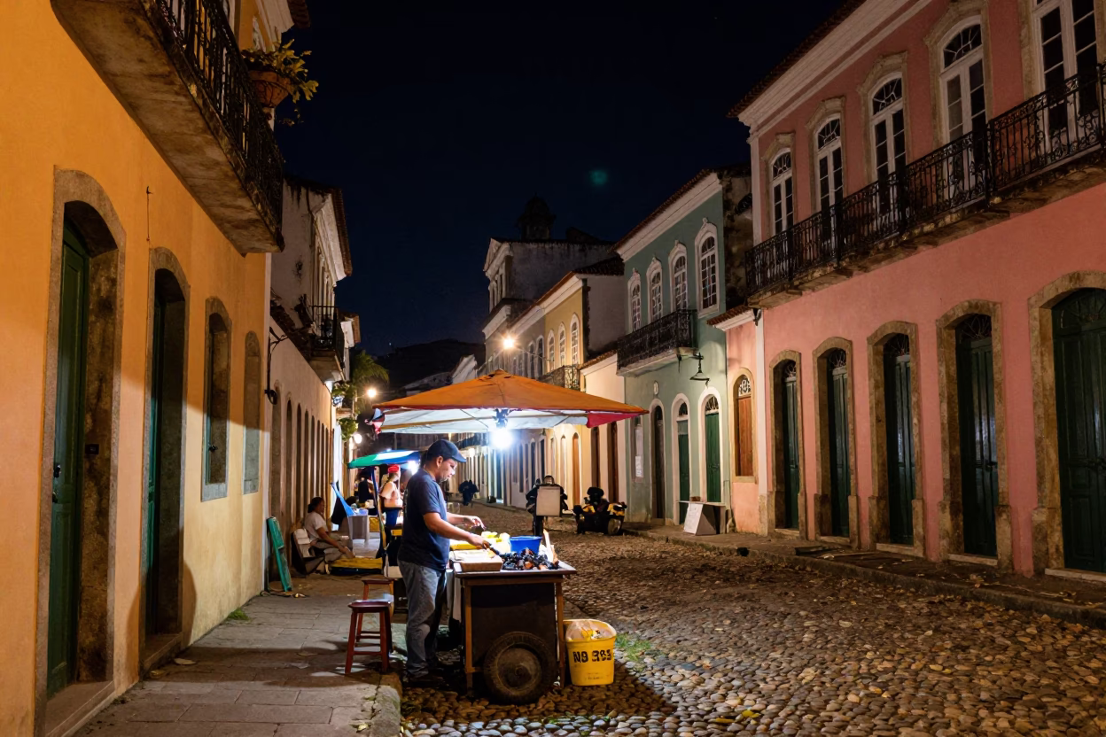 Night Market in Pelourinho Salvador Brazil Street Food Vendor Under Starry Sky in in Salvador, Brazil