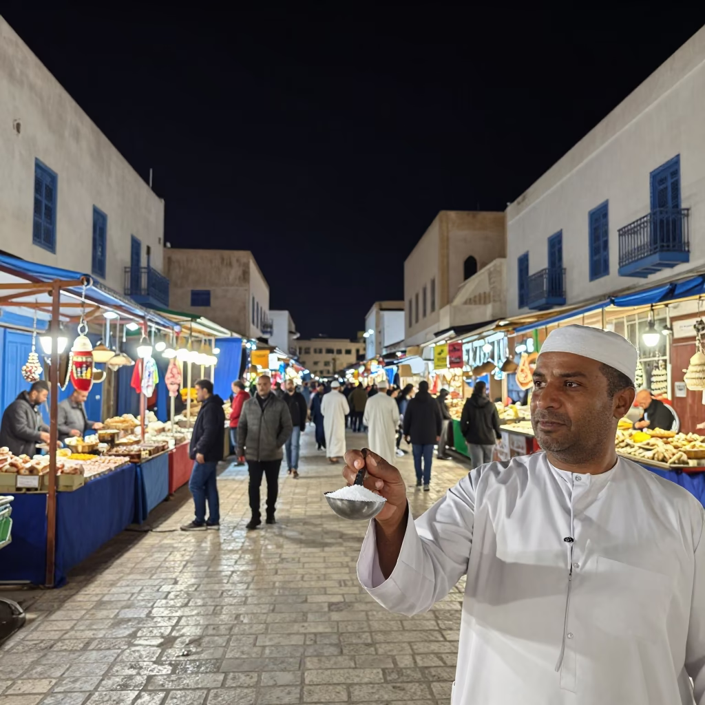 Night Market in Tunis Medina with Salt Spoon and Street Life in in Tunis, Tunisia