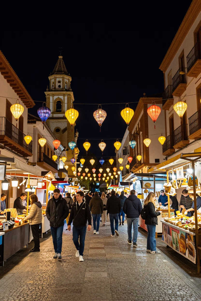Night Market in Valencia at The Deepest Night Sky Light in in Valencia, Spain