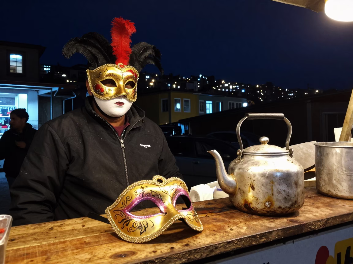 Night Market in Valparaiso Chile with Carnival Mask and Greasy Teapot Under Starry Sky in in Valparaiso, Chile