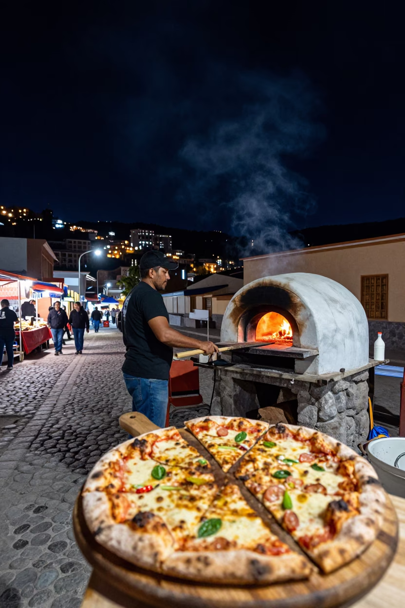Night Market La Paz Bolivia Wood Fired Pizza and Urban Viaduct Shadow in in La Paz, Bolivia