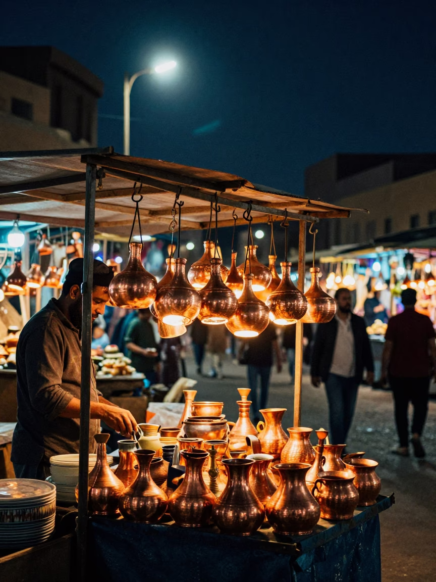 Night Market Luxor Copper Pots Glowing Under Streetlights in in Luxor, Egypt
