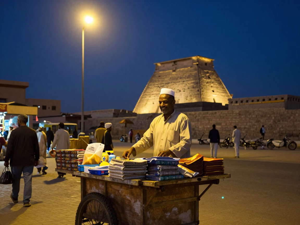 Night Market Luxor Egypt Street Scene with Local Vendor and Ceramic Pot in in Luxor, Egypt