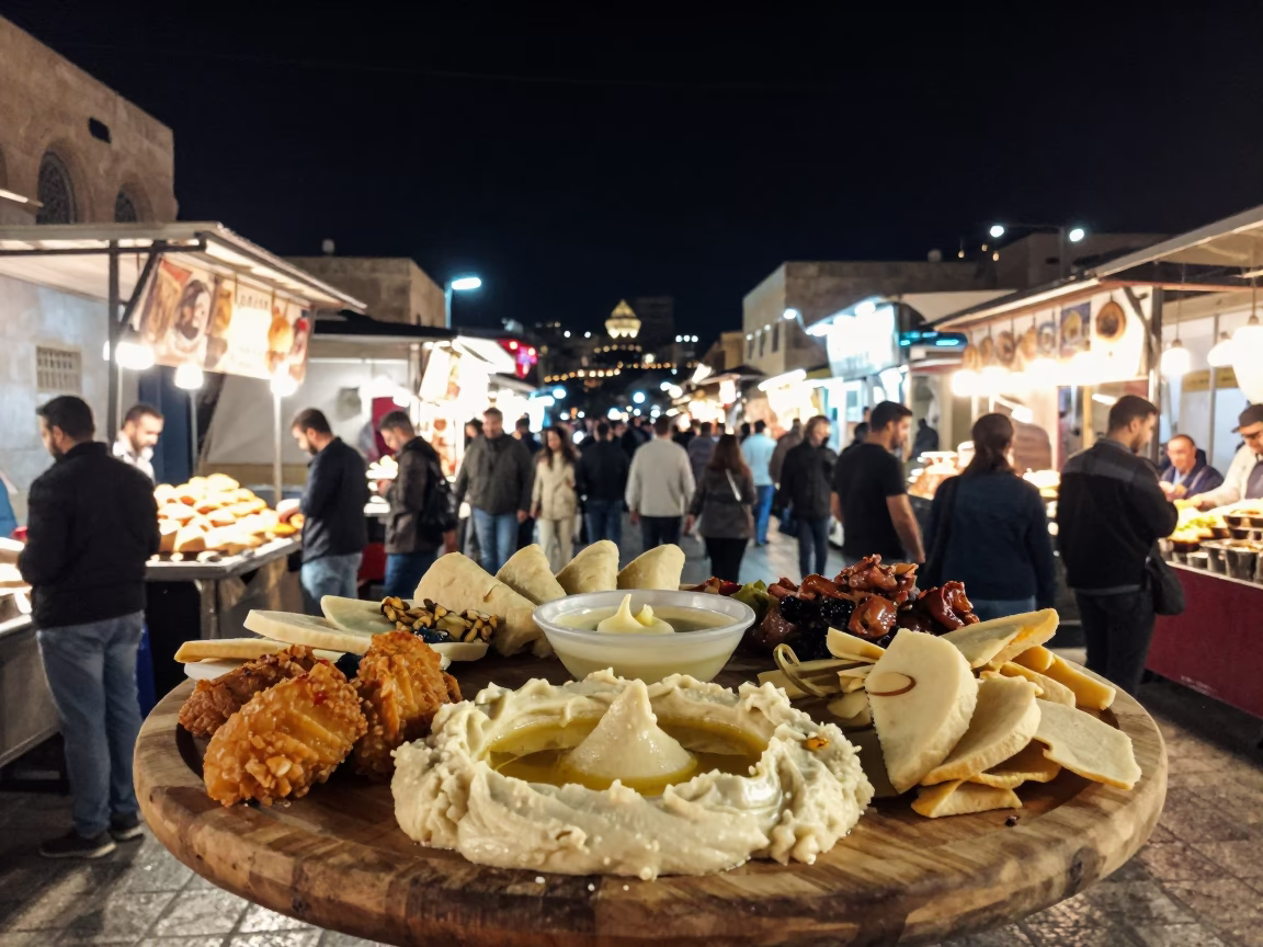 Night Market Mezze Platter in Amman Jordan Under Deep Sky in in Amman, Jordan