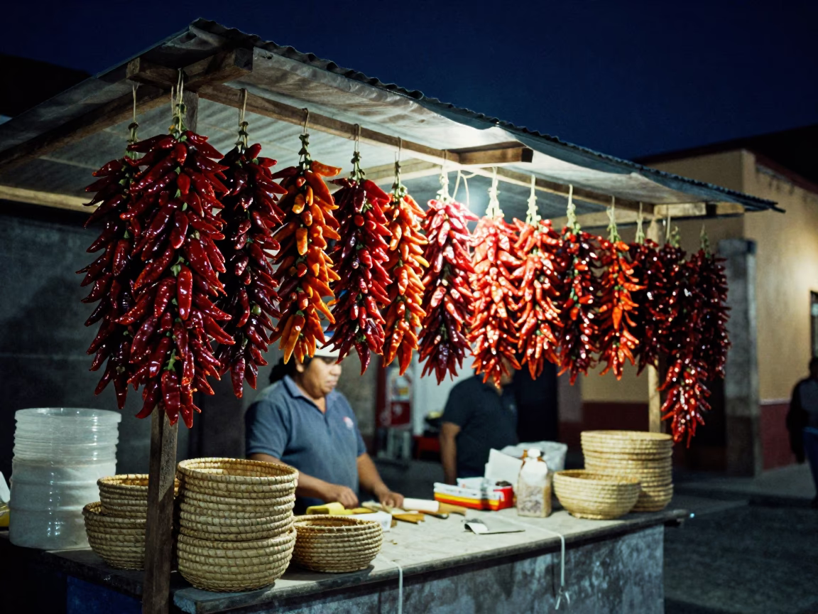 Night Market Oaxaca Mexico Chili Peppers and Woven Baskets Under Starry Sky in in Oaxaca, Mexico