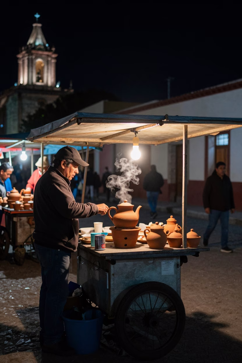 Night Market Oaxaca Mexico Clay Teapot and Street Scene Deep Sky in in Oaxaca, Mexico