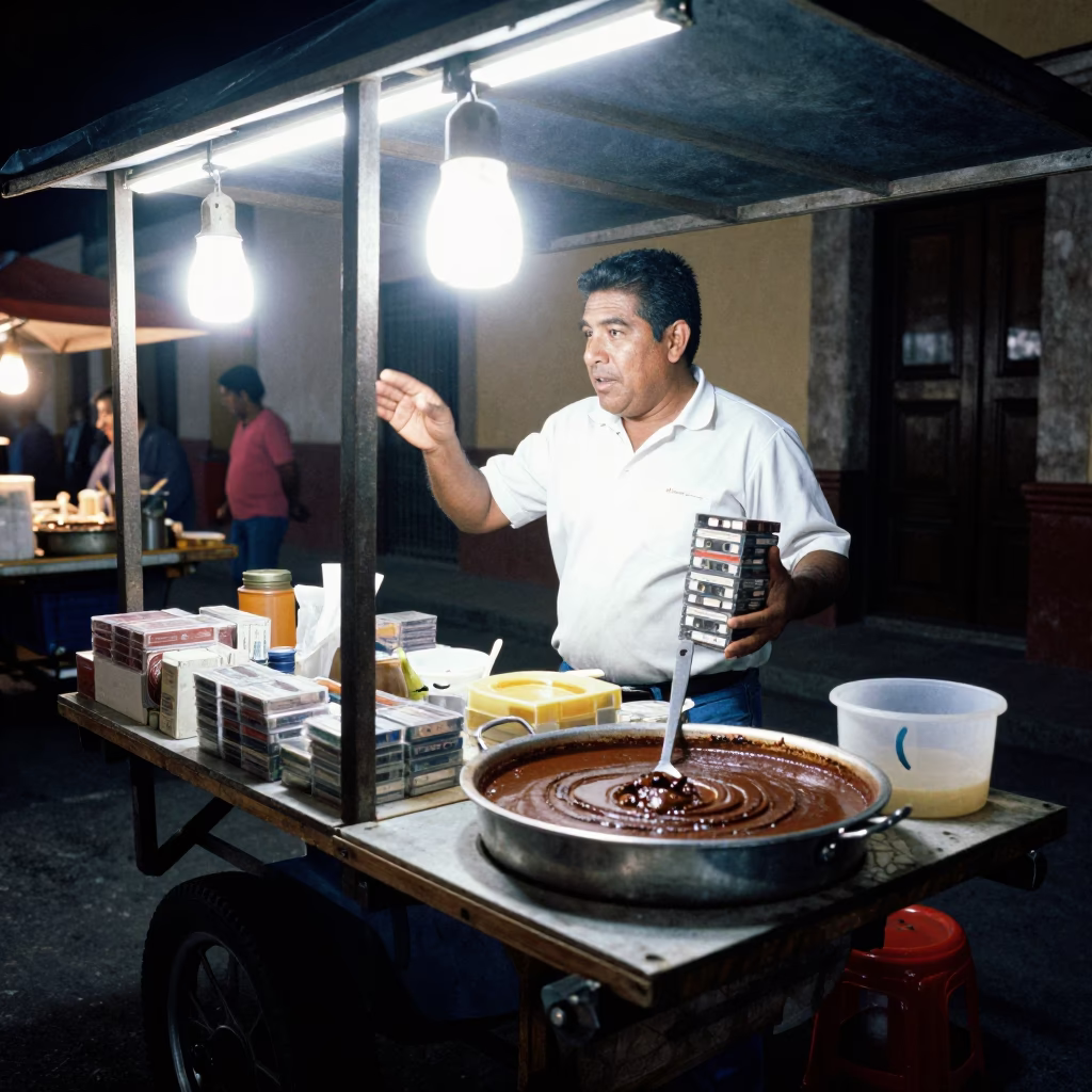 Night Market Oaxaca Mexico Street Food Vendor Selling Mole and Cassette Tapes in in Oaxaca, Mexico
