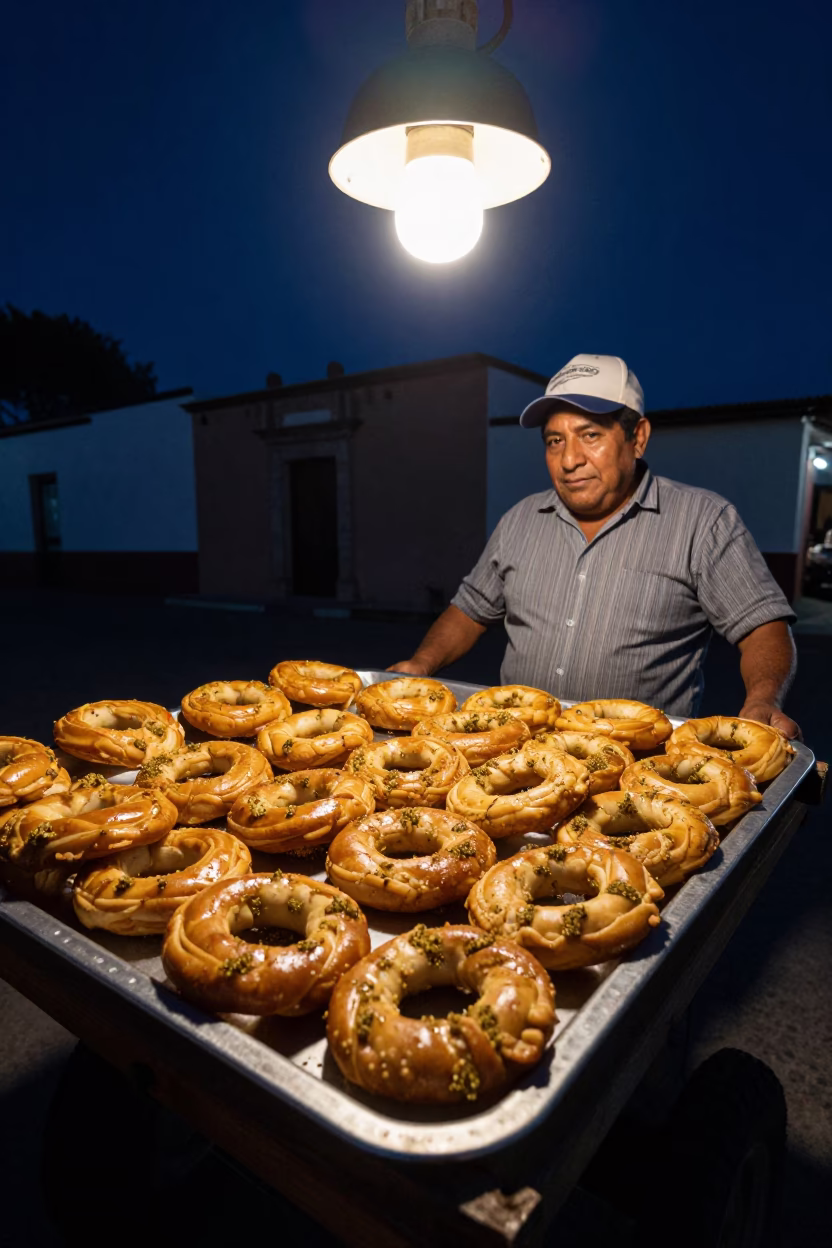 Night Market Oaxaca Mexico Tray of Mandazi with Cardamom Under Deep Sky in in Oaxaca, Mexico