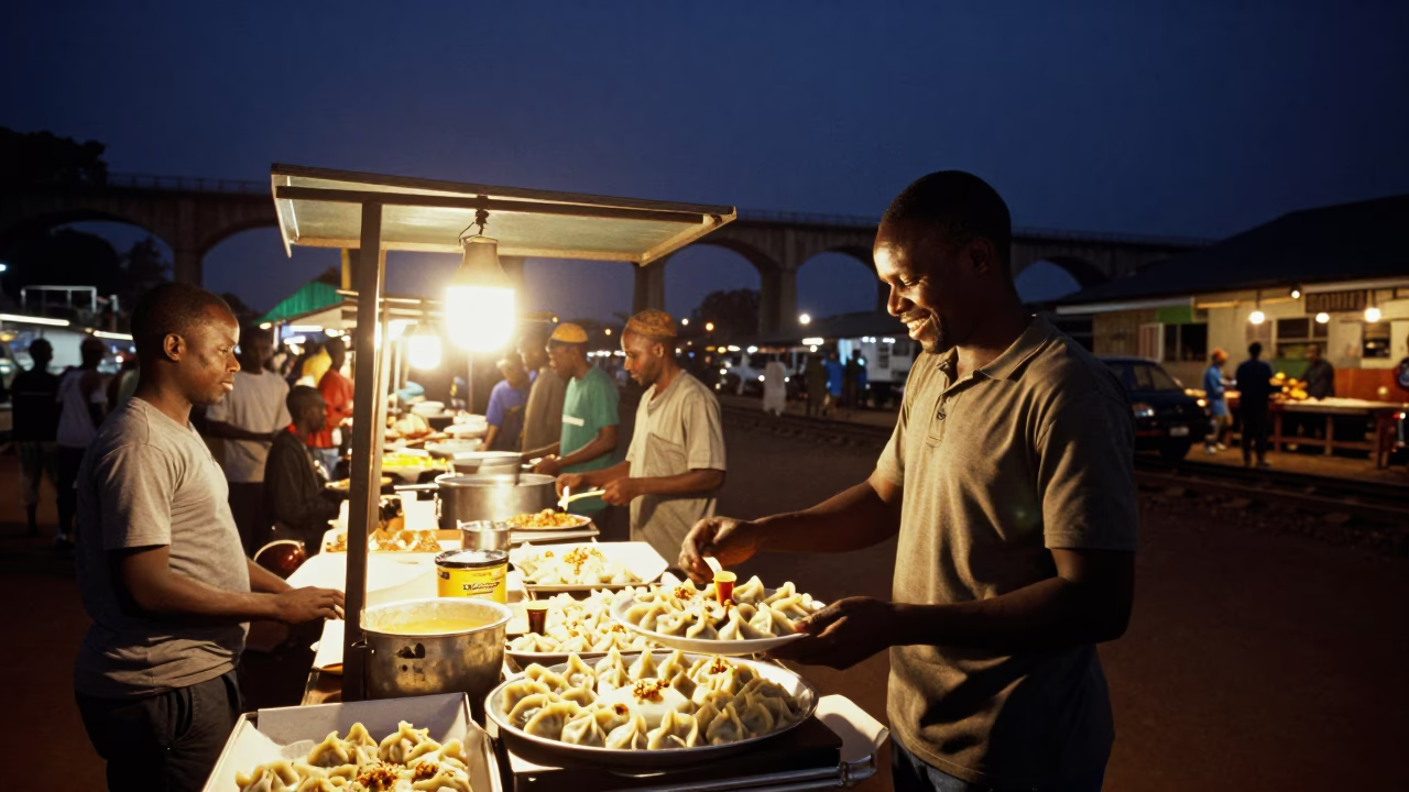 Night Market Scene in Accra Ghana with Railway Viaduct and Local Food Vendors in in Accra, Ghana