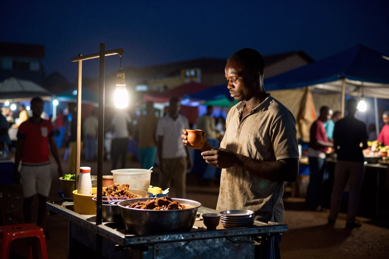 Night Market Scene in Accra Ghana with Street Food Vendor and Vintage Brass Microscope in in Accra, Ghana
