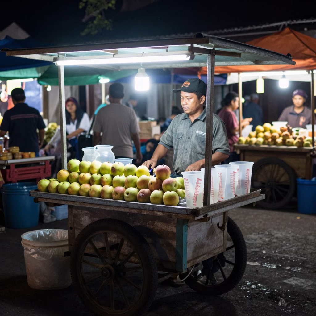 Night Market Scene in Denpasar Indonesia with Apples and Measuring Cups in in Denpasar, Indonesia