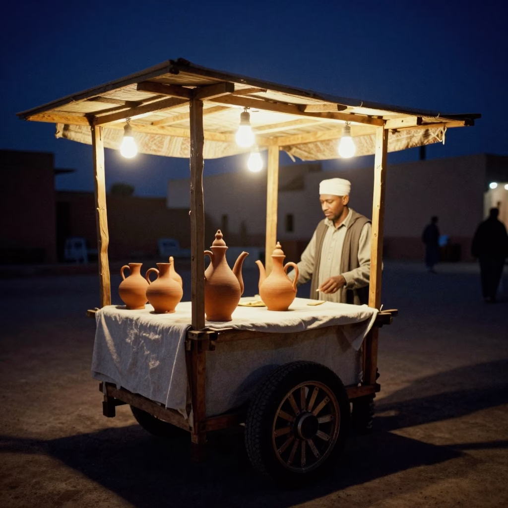 Night Market Scene in Essaouira Morocco with Clay Teapot and Linen Fringe in in Essaouira, Morocco