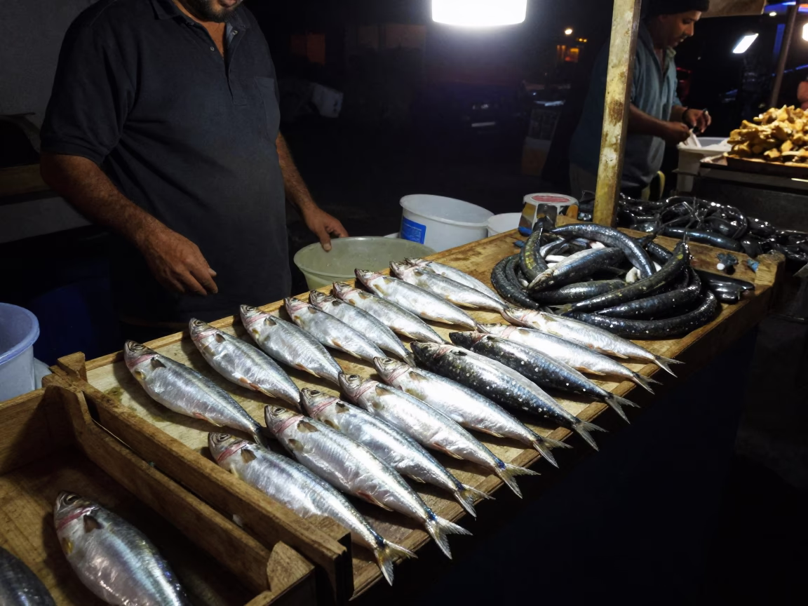 Night Market Scene in Essaouira Morocco with Fresh Sardines and Coiled Rope in in Essaouira, Morocco