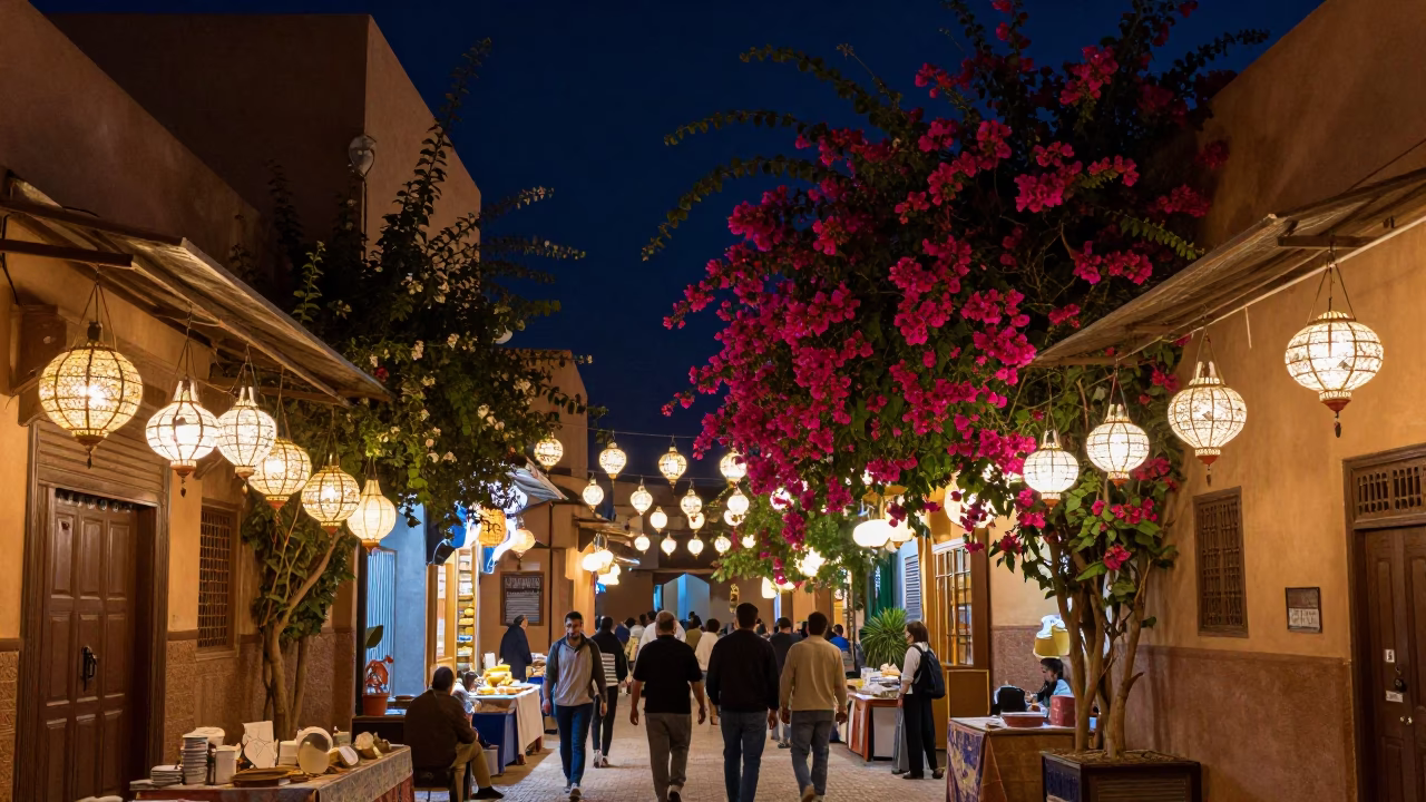 Night Market Scene in Fez Morocco Lantern Alley with Bougainvillea and Local Interaction in in Fez, Morocco