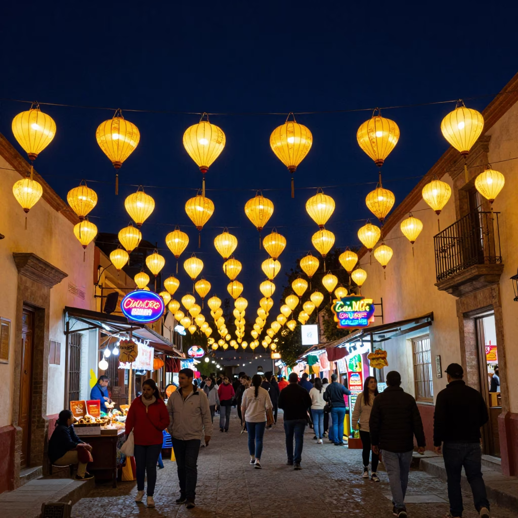 Night Market Scene in Guadalajara Mexico with Colorful Lanterns and Street Vendors in in Guadalajara, Mexico