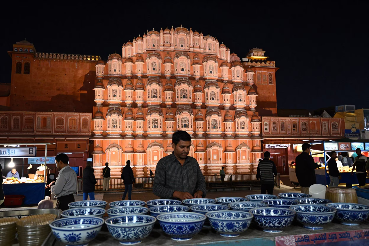 Night Market Scene in Jaipur India with Blue Porcelain Bowl and Street Vendor Activity in in Jaipur, India