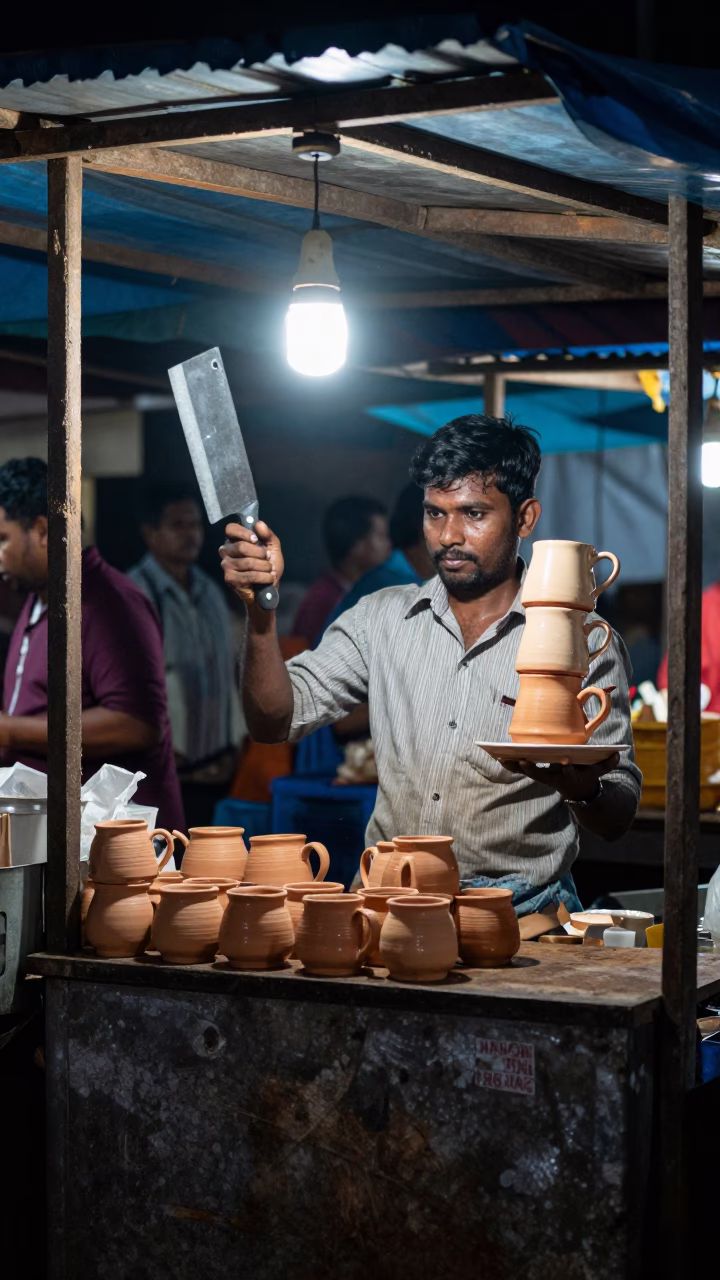 Night Market Scene in Kochi India with Ceramic Mugs and Cleaver on Wooden Stall in in Kochi, India