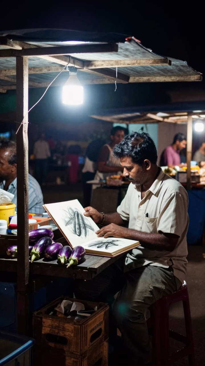 Night Market Scene in Kochi India with Charcoal Sketchbook and Eggplants Under Streetlights in in Kochi, India