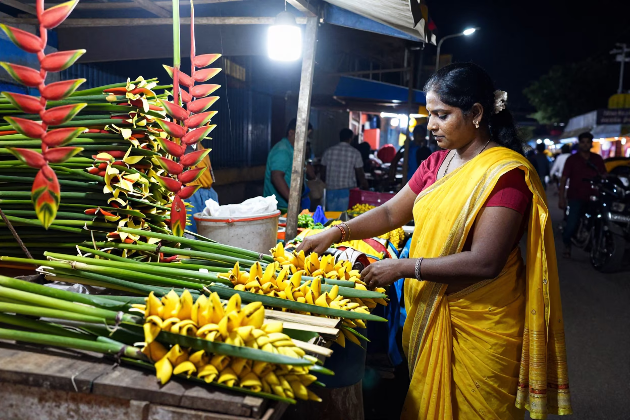 Night Market Scene in Kochi India with Colorful Heliconia and Stacked Newspapers in in Kochi, India