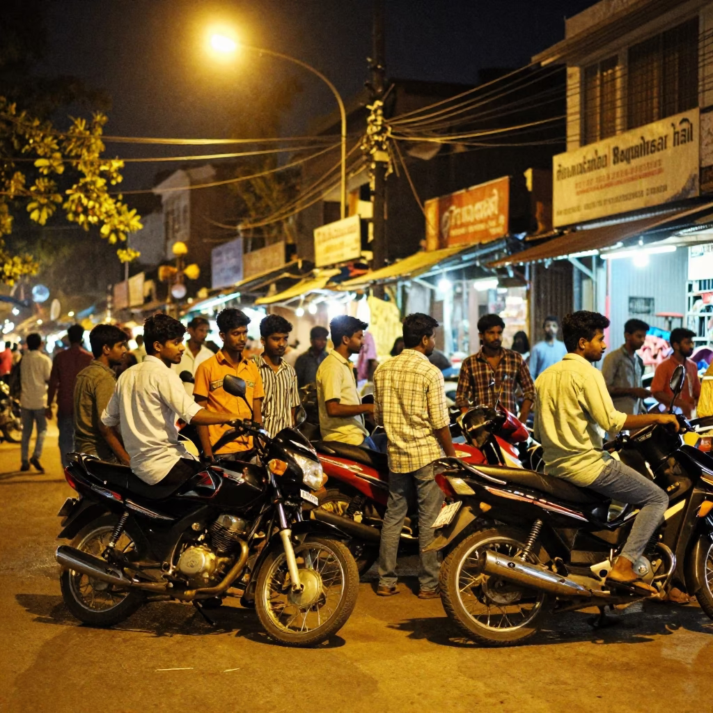 Night Market Scene in Kochi India with Motorcycles and Street Life in in Kochi, India