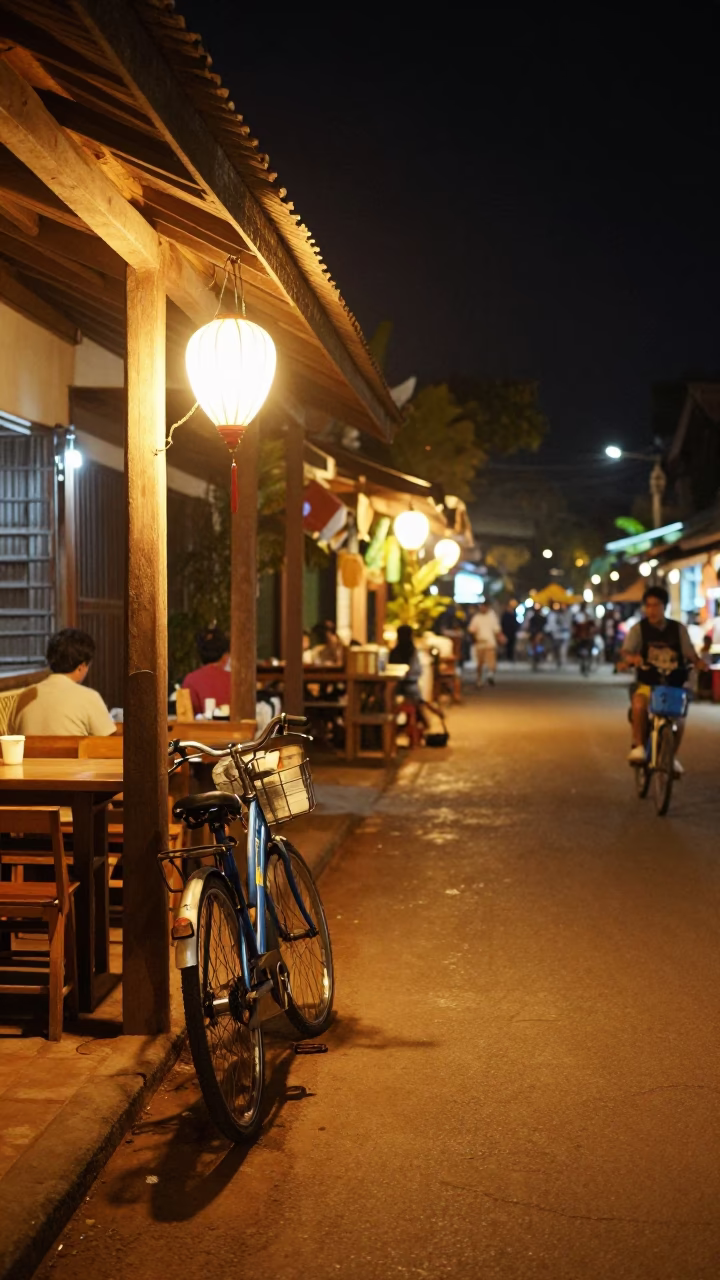 Night Market Scene in Luang Prabang Laos with Bicycle and Lantern Light in in Luang Prabang, Laos