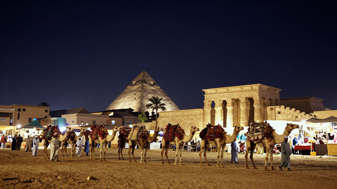 Night market scene in Luxor Egypt with camel caravan under starry sky in in Luxor, Egypt