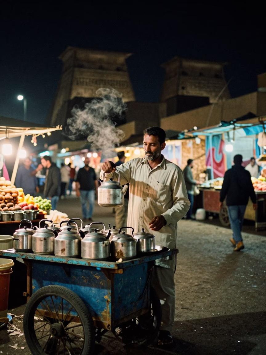 Night Market Scene in Luxor Egypt with Kettle and Street Vendor in in Luxor, Egypt