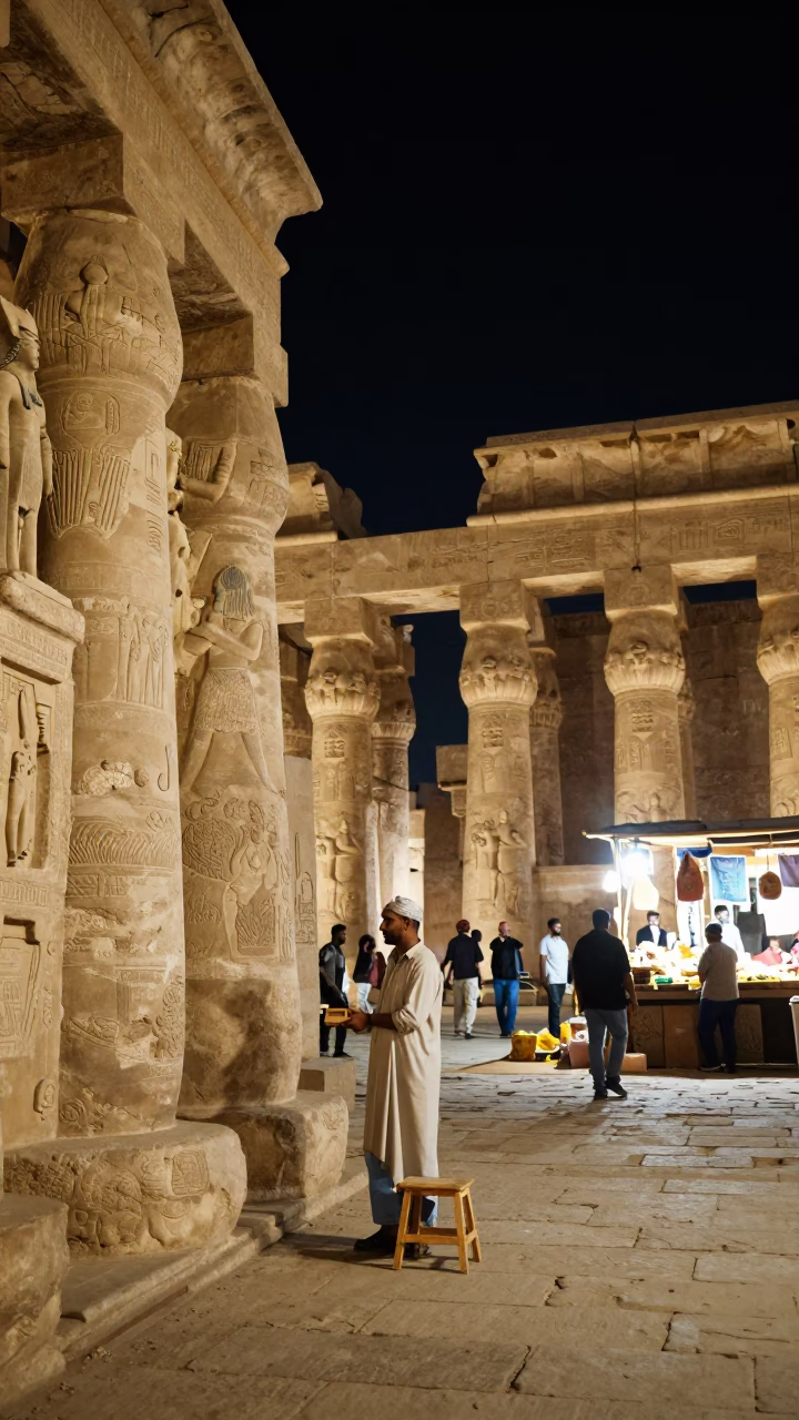 Night Market Scene in Luxor Egypt with Stone Architecture and Local Vendor in in Luxor, Egypt