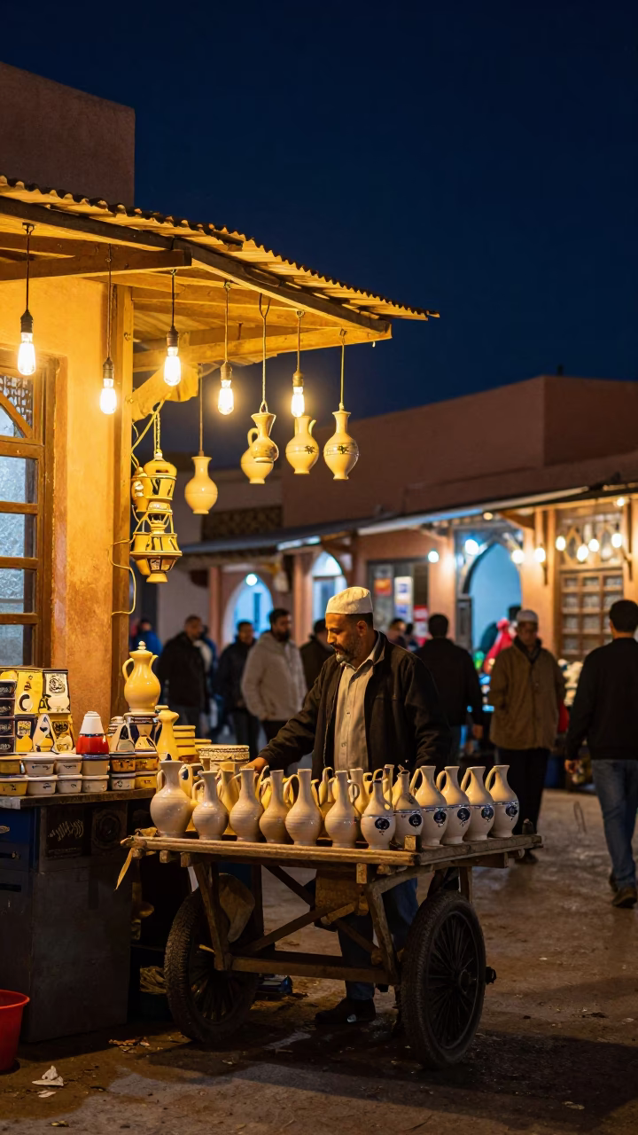 Night Market Scene in Marrakech Morocco with Ceramic Pitcher Under Deep Sky in in Marrakech, Morocco