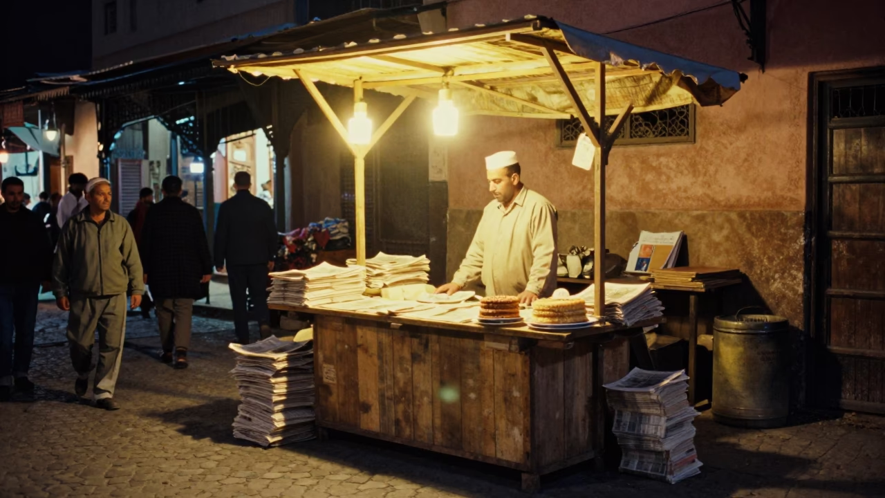 Night Market Scene in Marrakech Morocco with Newspaper Stack and Cake Knife in in Marrakech, Morocco