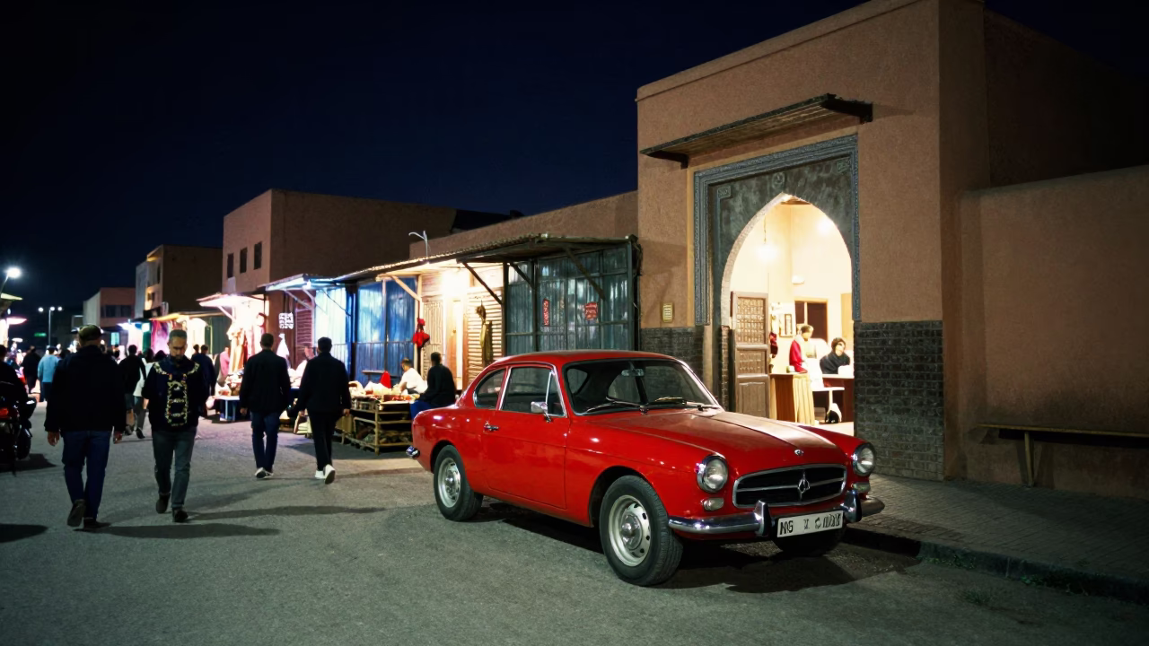 Night Market Scene in Marrakech Morocco with Vintage Car and Local Life in in Marrakech, Morocco
