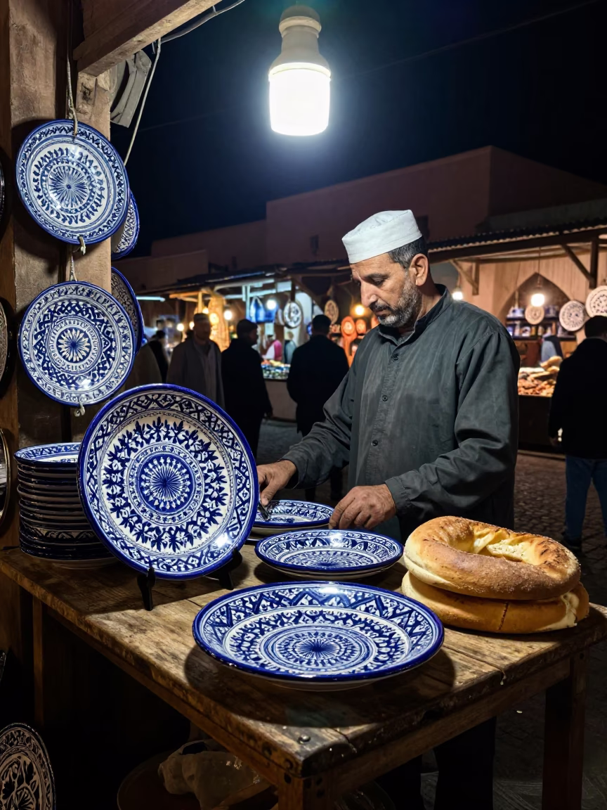 Night Market Scene in Marrakech Morocco with Vintage Italian Majolica Plate and Bread Board in in Marrakech, Morocco