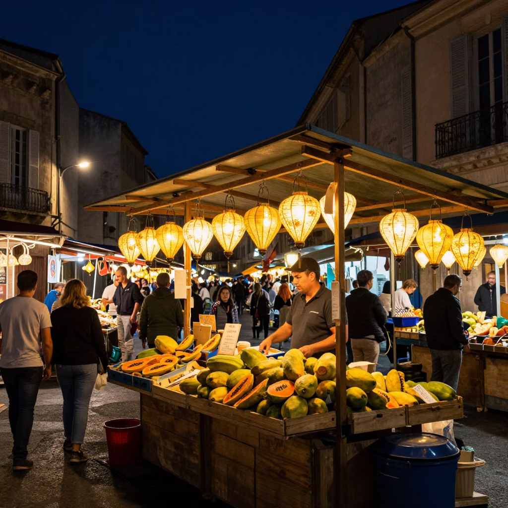 Night Market Scene in Marseille France with Lanterns and Local Produce in in Marseille, France