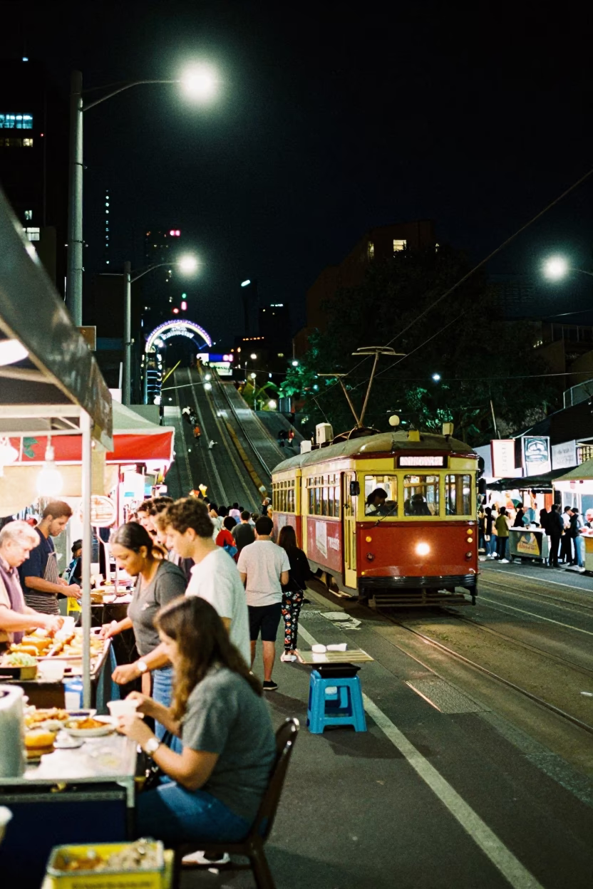 Night Market Scene in Melbourne Victoria Australia with Tram and Food Stalls in in Melbourne, Victoria, Australia