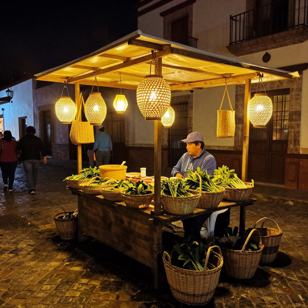 Night Market Scene in Merida Mexico with Lantern Light and Woven Baskets in in Merida, Mexico